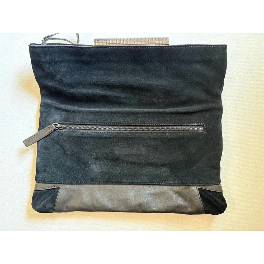 Devi Kroell Black Leather Suede Foldover Clutch Bag Purse Evening Cocktail Italy